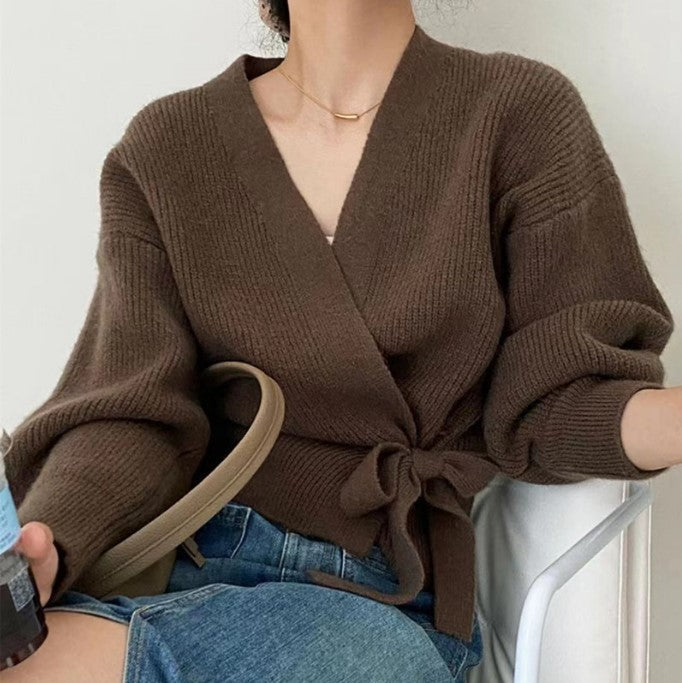 Damen - Wickel Cardigan - Weite Ärmel & Taillengürtel - Bequemer Stil für jeden Anlass