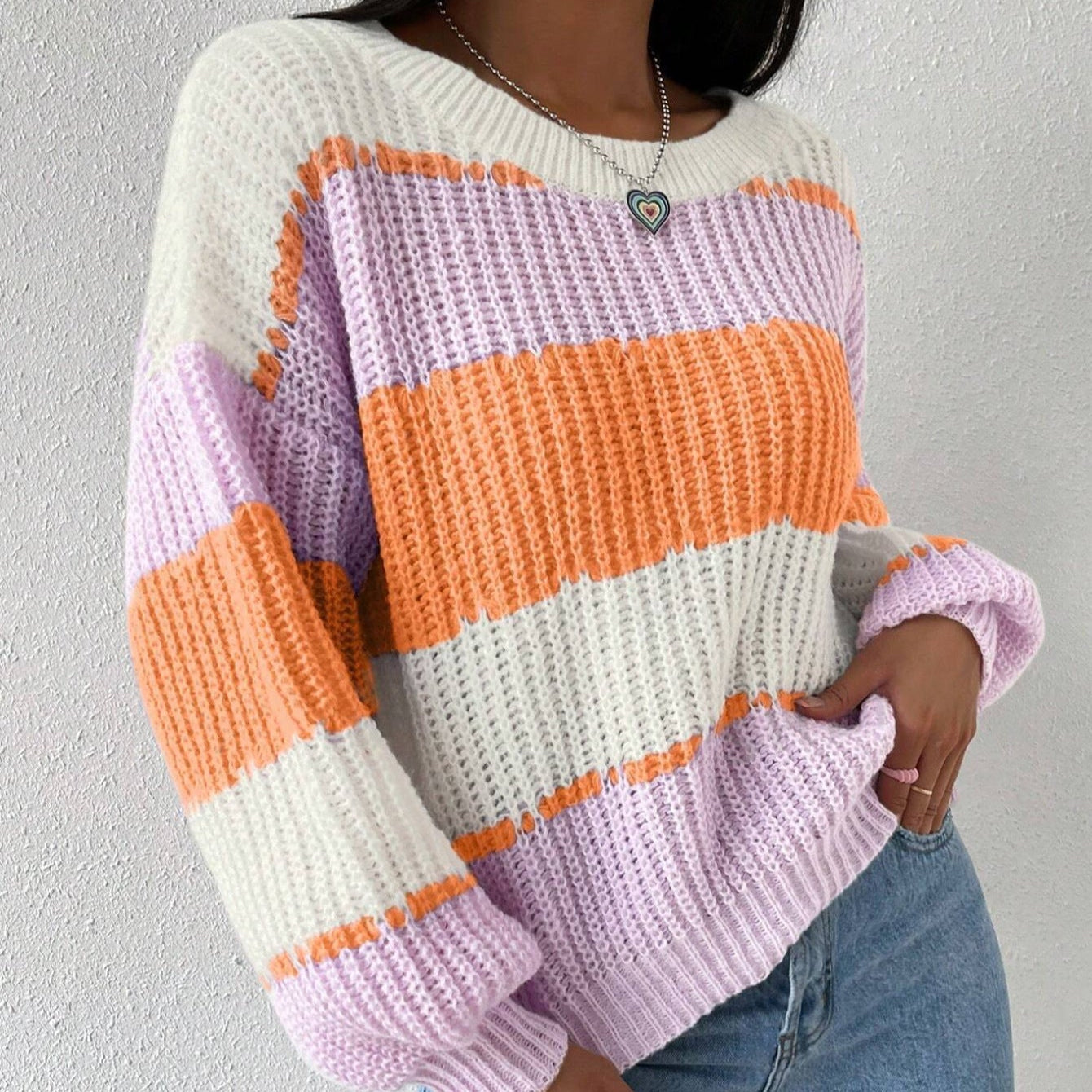 Damen - Langärmeliger Pullover - Gestrickter - Rundhalsausschnitt - Bequemer und stilvoller Look