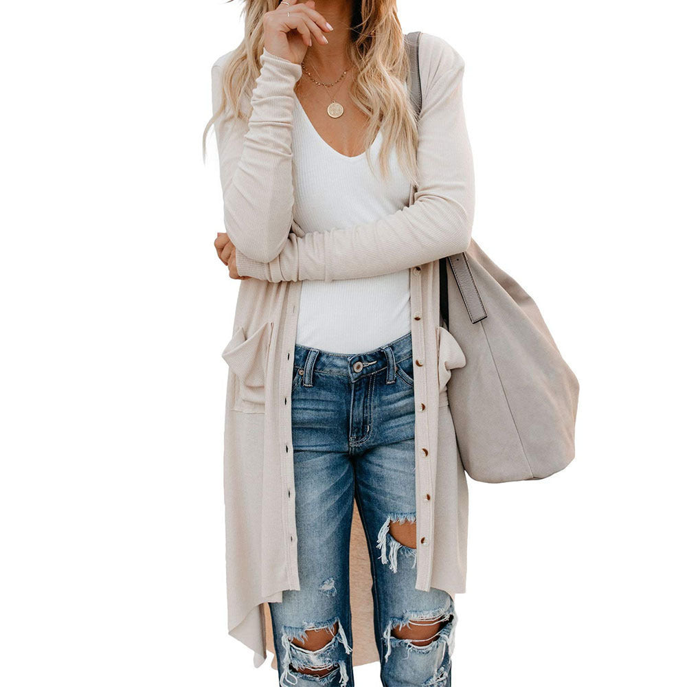 Damen - Lange Strickjacke mit Knöpfen und Taschen - Weiches Material - Bequemer Stil - Mode für den Alltag