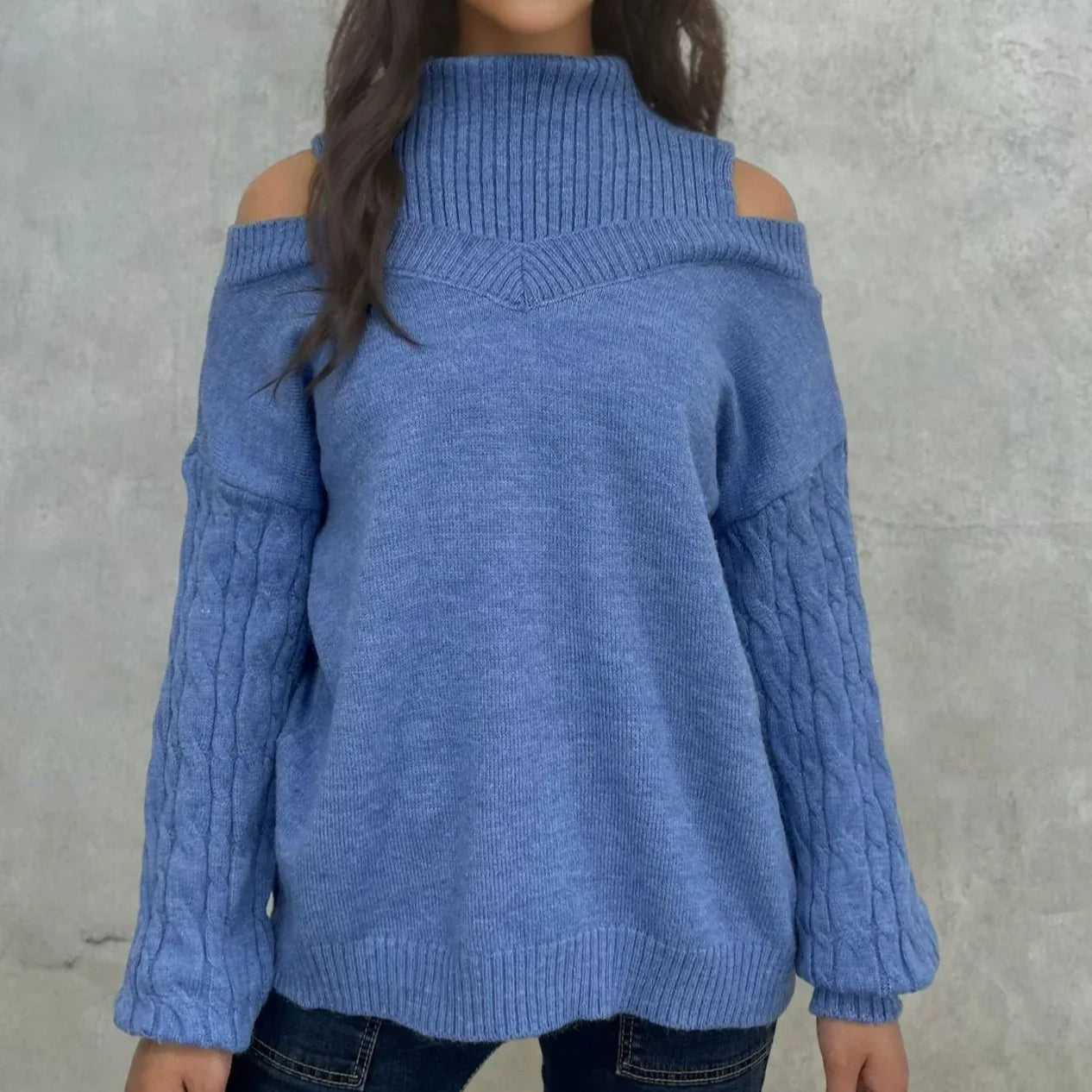 Damen - Schulterfreier Zopfmuster Pullover - Entspannter Schnitt - Gemütlicher Strickpullover für jede Gelegenheit