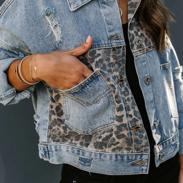 Damen - Patchwork-jacke - Denim-Stoff - Leopardenmuster - Trendige und Stylische Outerwear für jeden Anlass