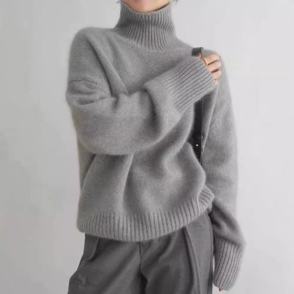 Damen - Gestrickter Pullover - Hohem Kragen - Lockerer Stil - Perfekt für kalte Tage