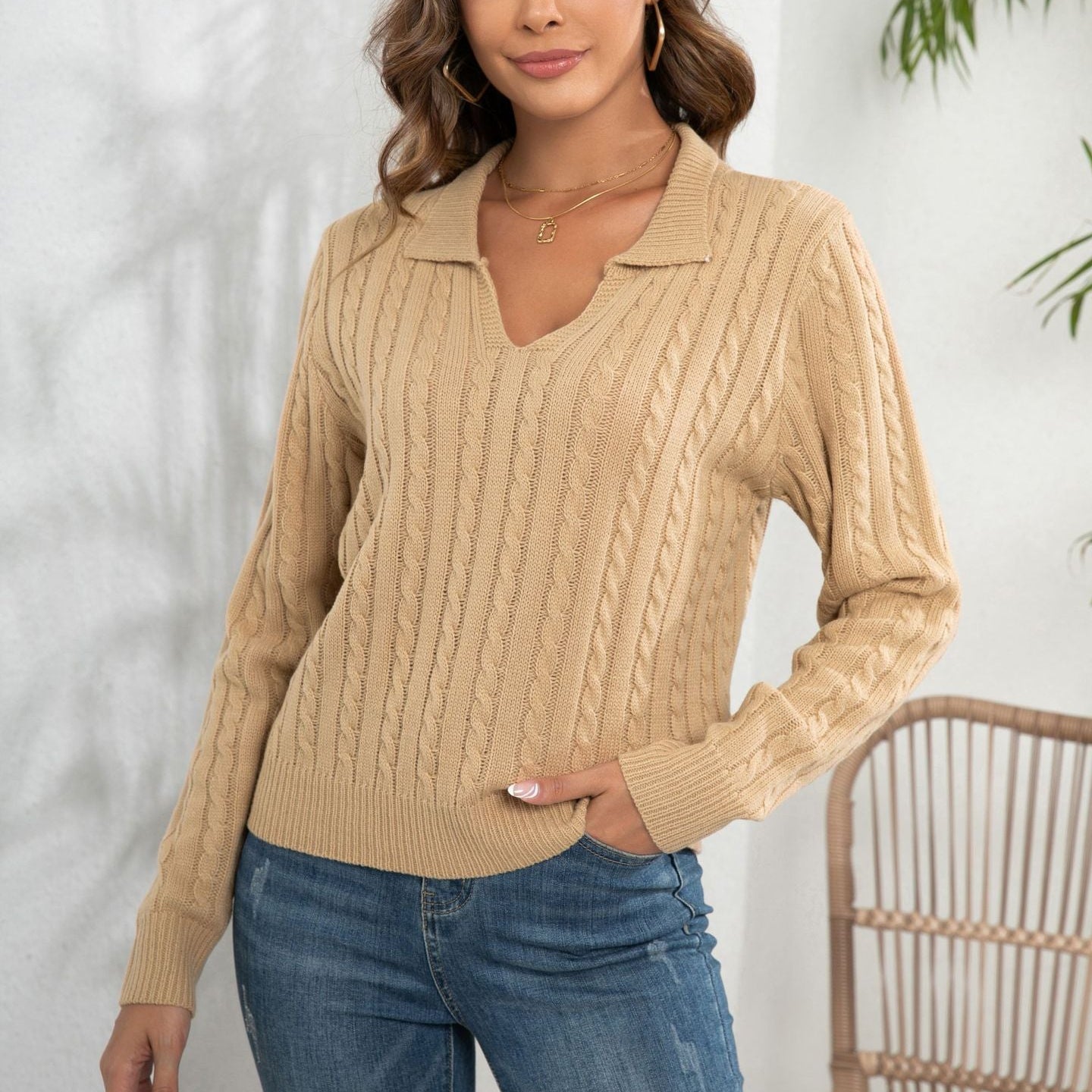 Damen - Pullover mit V-Ausschnitt - Baumwolle - Zopfstrickmuster - Bequeme und stilvolle Strickmode