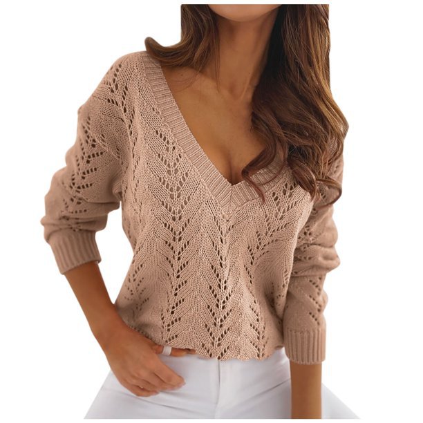 Damen - Strickpullover - V-Ausschnitt, gehäkelt - Bequemer modischer Pullover für jeden Anlass