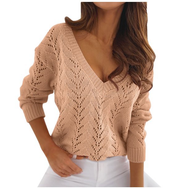 Damen - Strickpullover - V-Ausschnitt, gehäkelt - Bequemer modischer Pullover für jeden Anlass