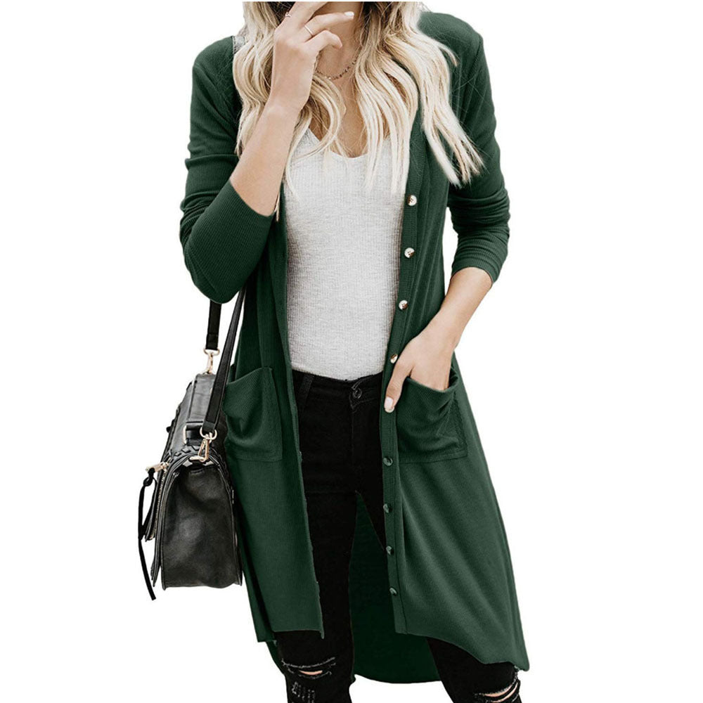 Damen - Lange Strickjacke mit Knöpfen und Taschen - Weiches Material - Bequemer Stil - Mode für den Alltag