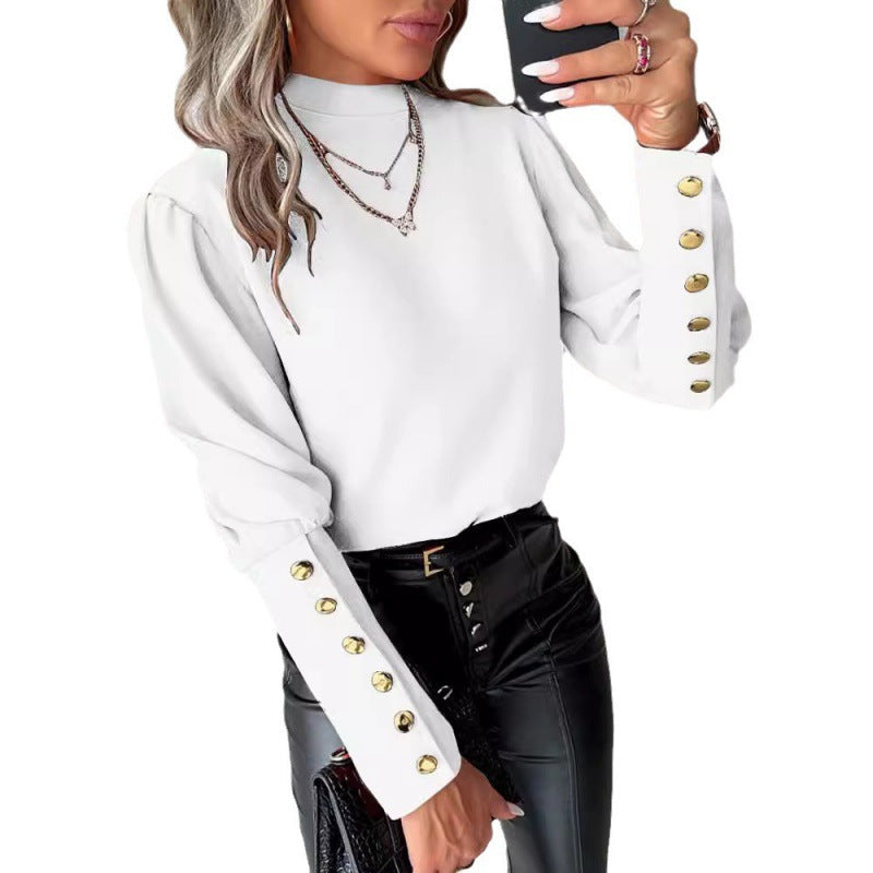 Damen - Elegante Bluse - Puffärmeln und Goldknöpfen - Stilvoll und Vielseitig für jeden Anlass