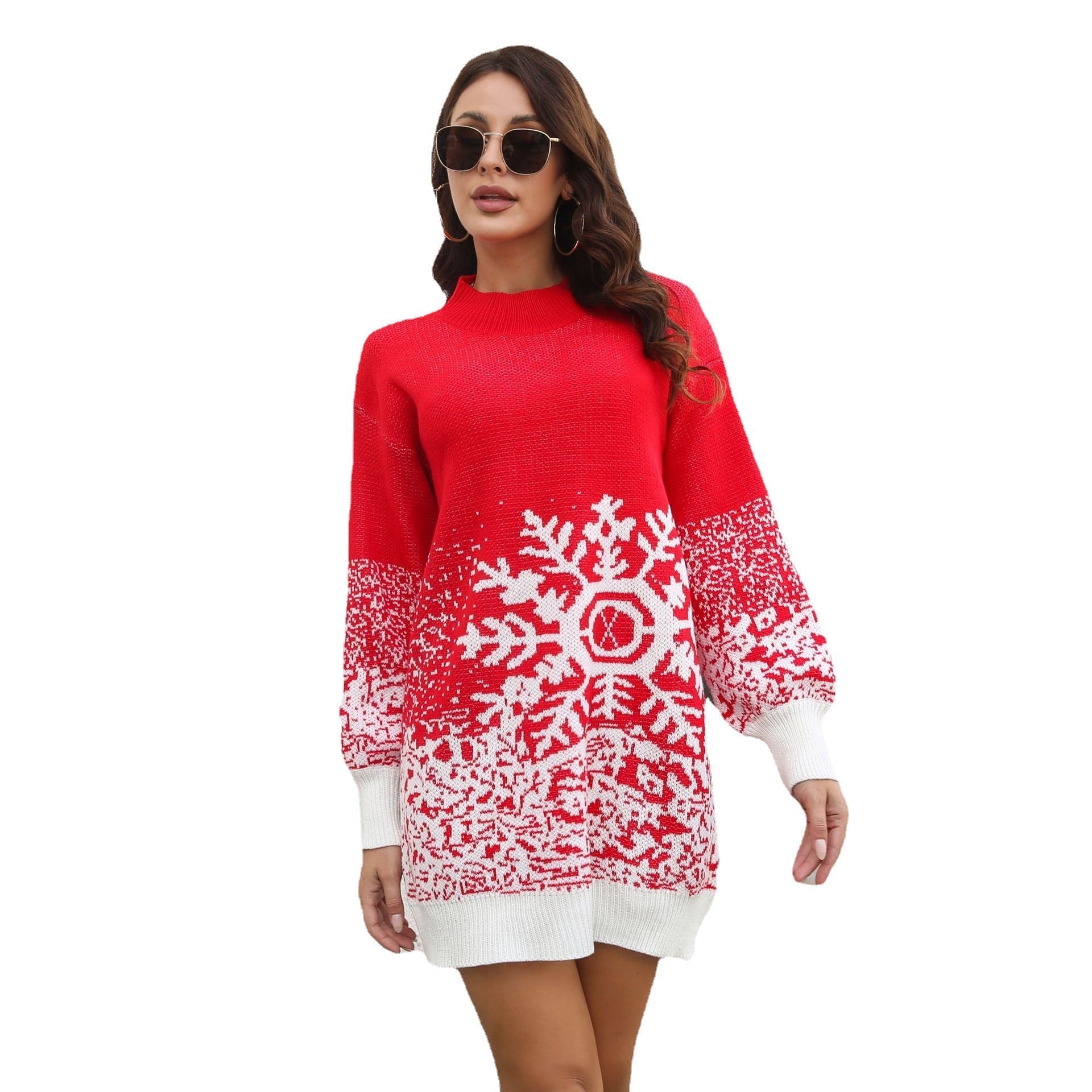 Damen - Festliches Strickkleid - Weihnachtskleid - Schneeflocken Design - Stilvoll und Gemütlich