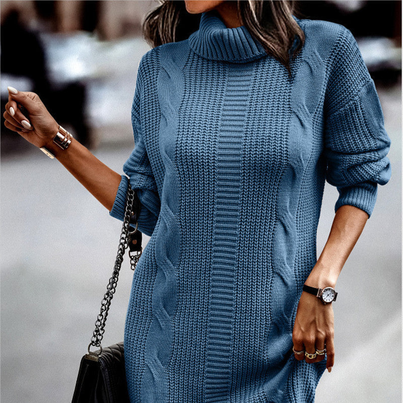 Damen - Elegantes Strickkleid - Kordelmuster - Hoher Kragen - Stilvolles Design für jeden Anlass