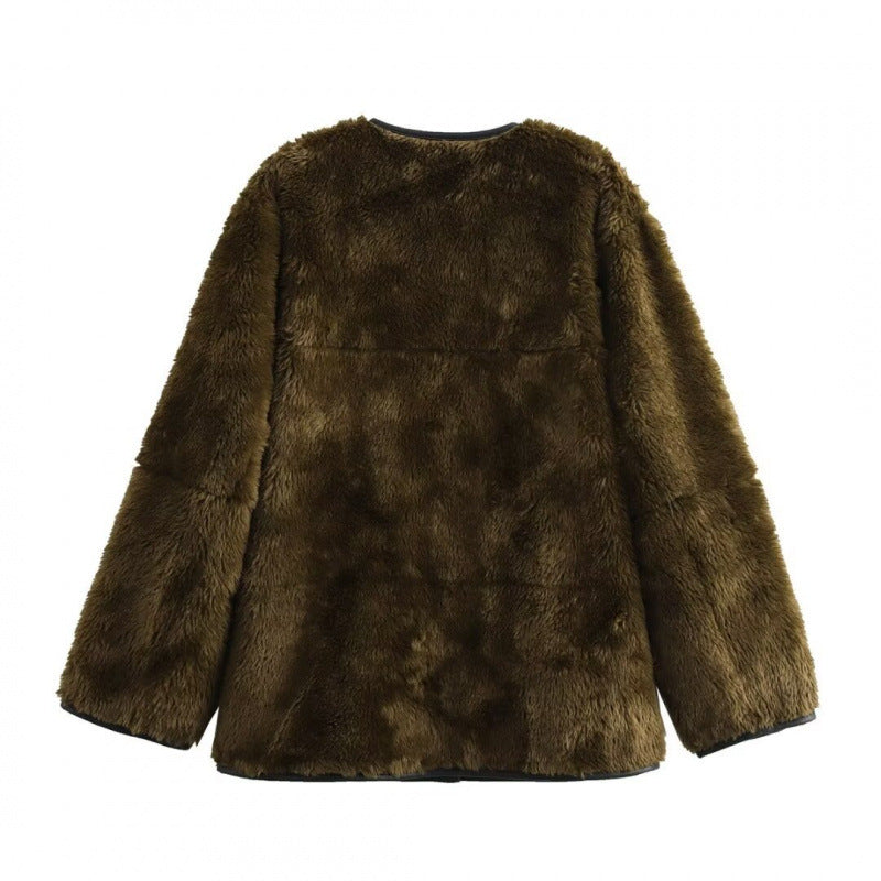 Damen - Teddyjacke - Kontrasttaschen - Weich und Warm - Modische Winterjacke