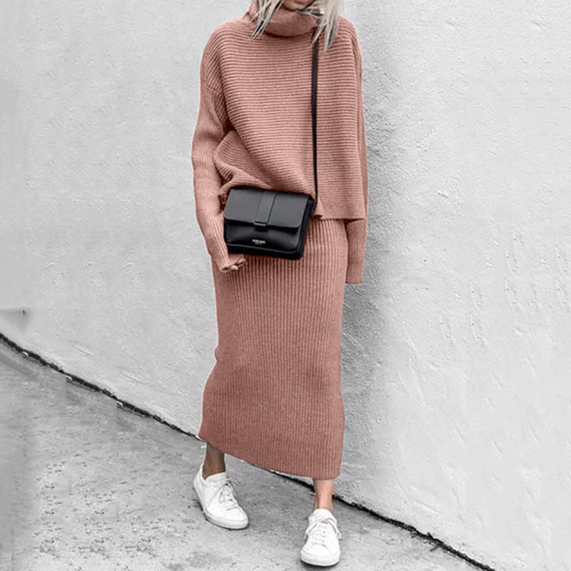 Damen - Rollkragen Strick Kombi Set - Geripptes Design - Modische Strickmode für jeden Anlass