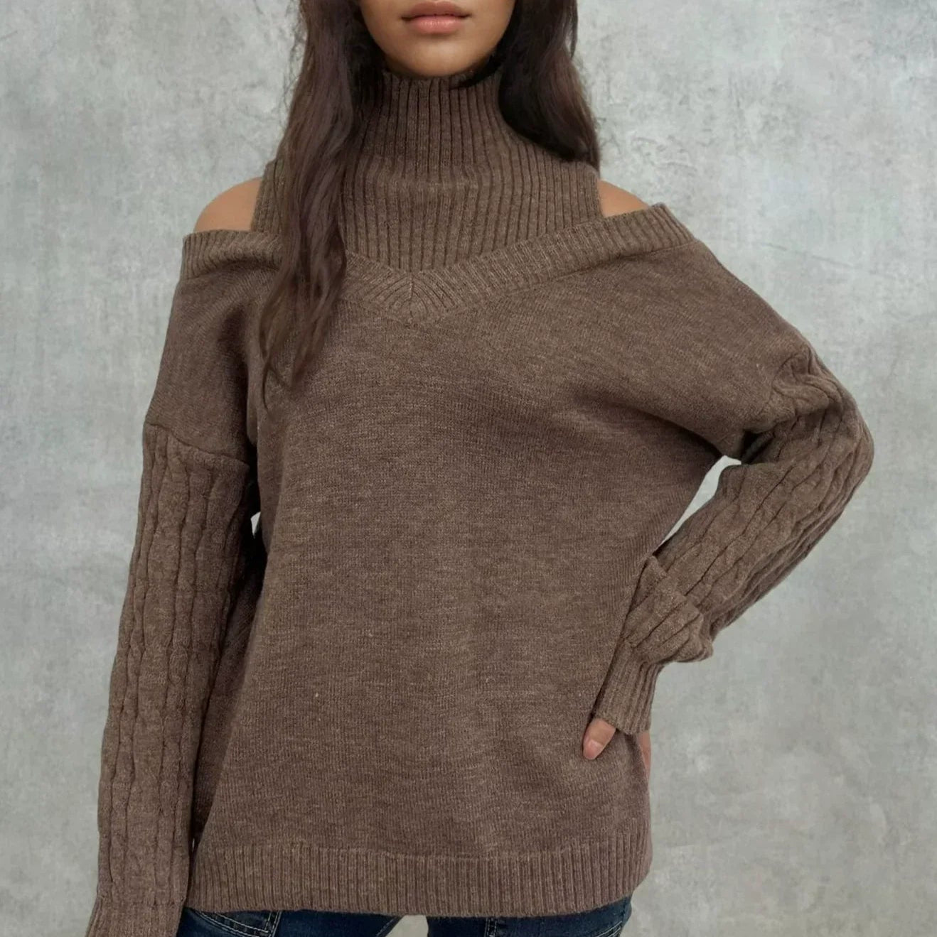 Damen - Schulterfreier Zopfmuster Pullover - Entspannter Schnitt - Gemütlicher Strickpullover für jede Gelegenheit