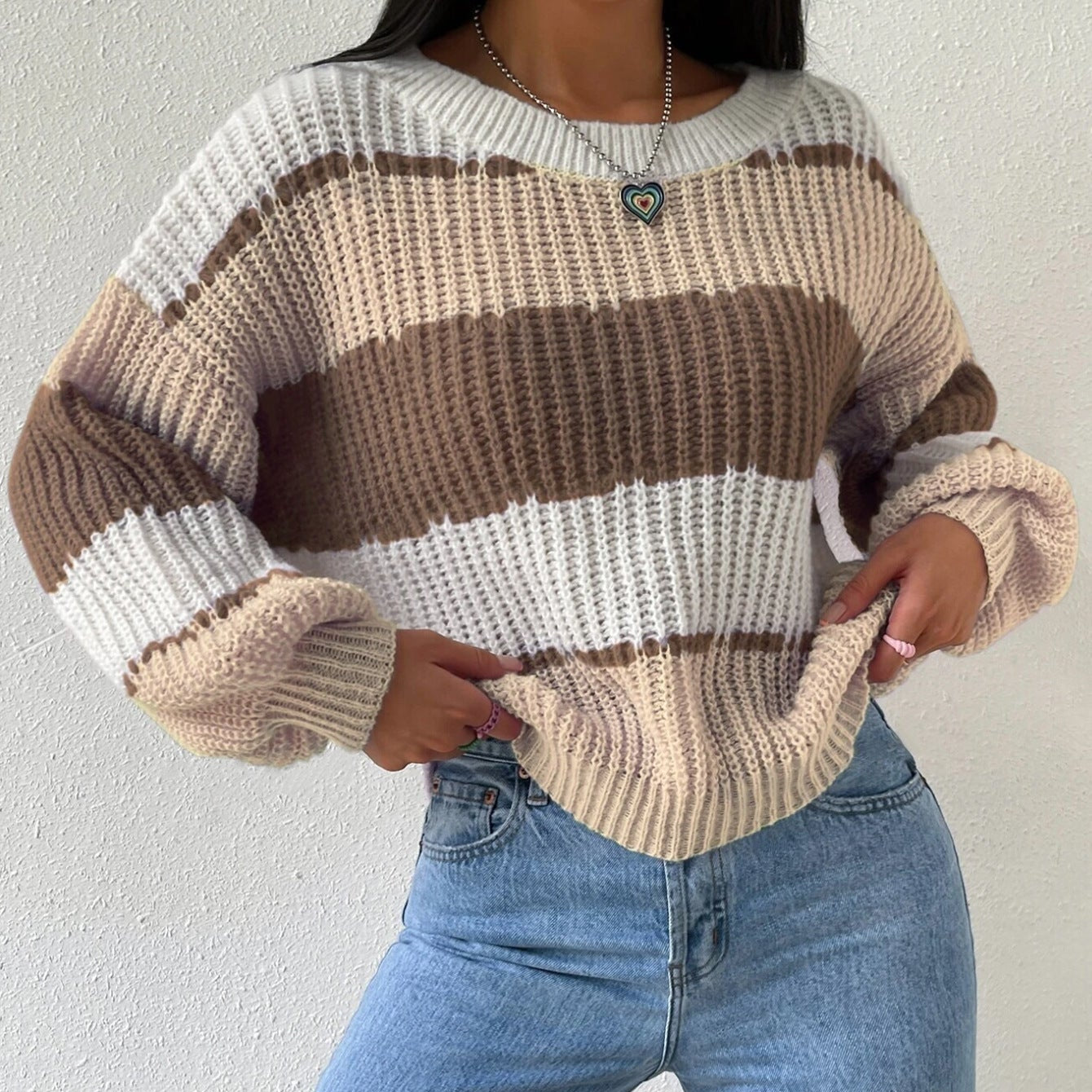 Damen - Langärmeliger Pullover - Gestrickter - Rundhalsausschnitt - Bequemer und stilvoller Look