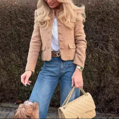 Damen - Tweed Blazer Jacke - Eleganten Knopfdetails - Stilvolle Mode für jeden Anlass