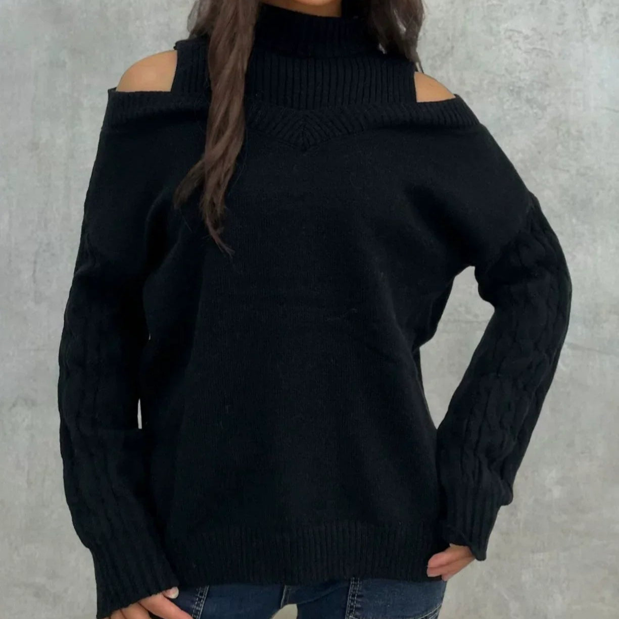 Damen - Schulterfreier Zopfmuster Pullover - Entspannter Schnitt - Gemütlicher Strickpullover für jede Gelegenheit