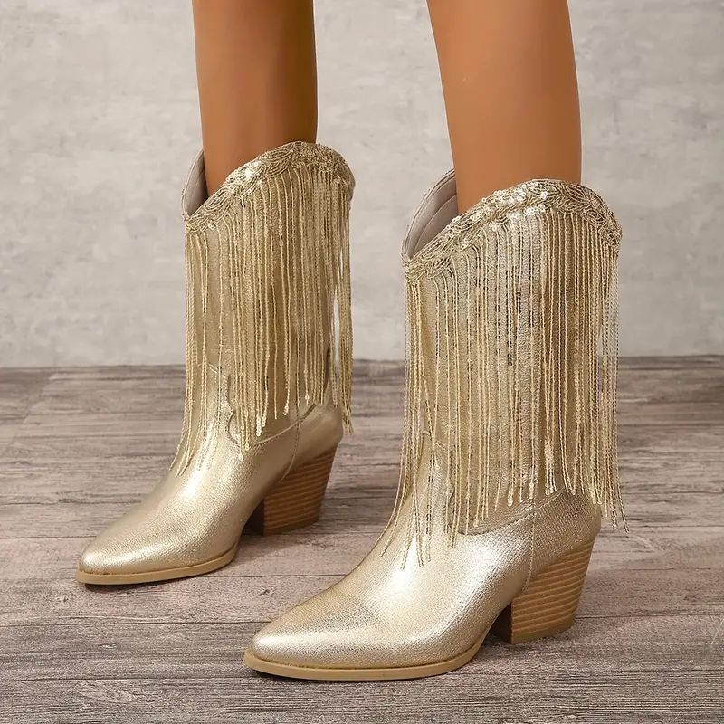 Damen - Cowboystiefel - Pailletten - Fransen Design - Modische Stiefel für einen auffälligen Look