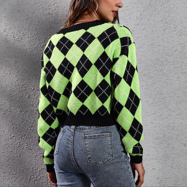 Damen - Weit geschnittene Strickjacke - Baumwolle - Karomuster Knopfverschluss - Modische Strickjacke
