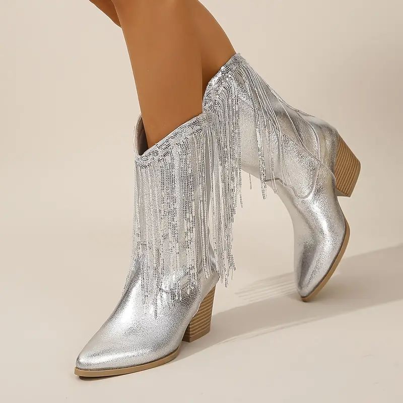 Damen - Cowboystiefel - Pailletten - Fransen Design - Modische Stiefel für einen auffälligen Look