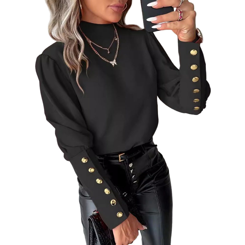 Damen - Elegante Bluse - Puffärmeln und Goldknöpfen - Stilvoll und Vielseitig für jeden Anlass