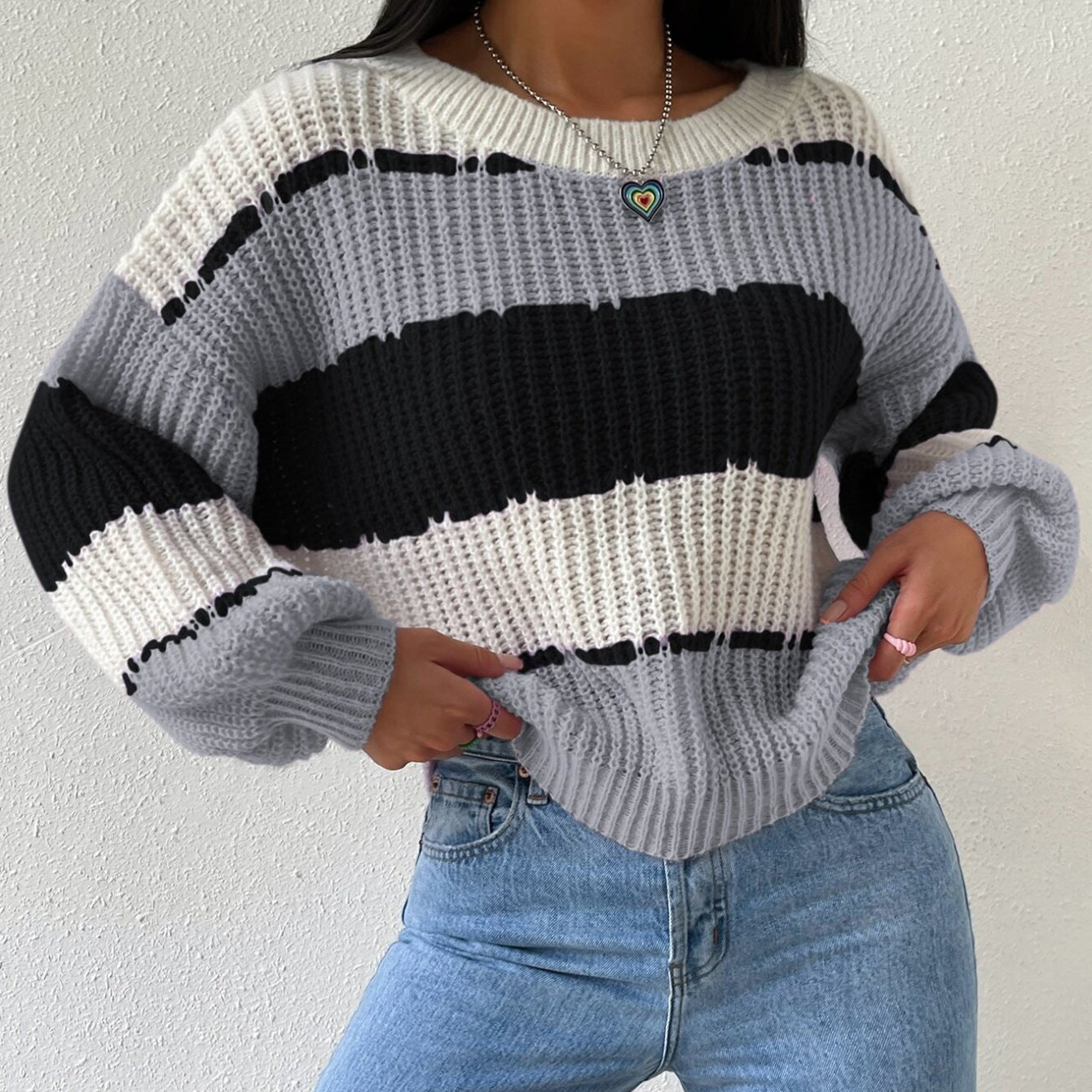 Damen - Langärmeliger Pullover - Gestrickter - Rundhalsausschnitt - Bequemer und stilvoller Look