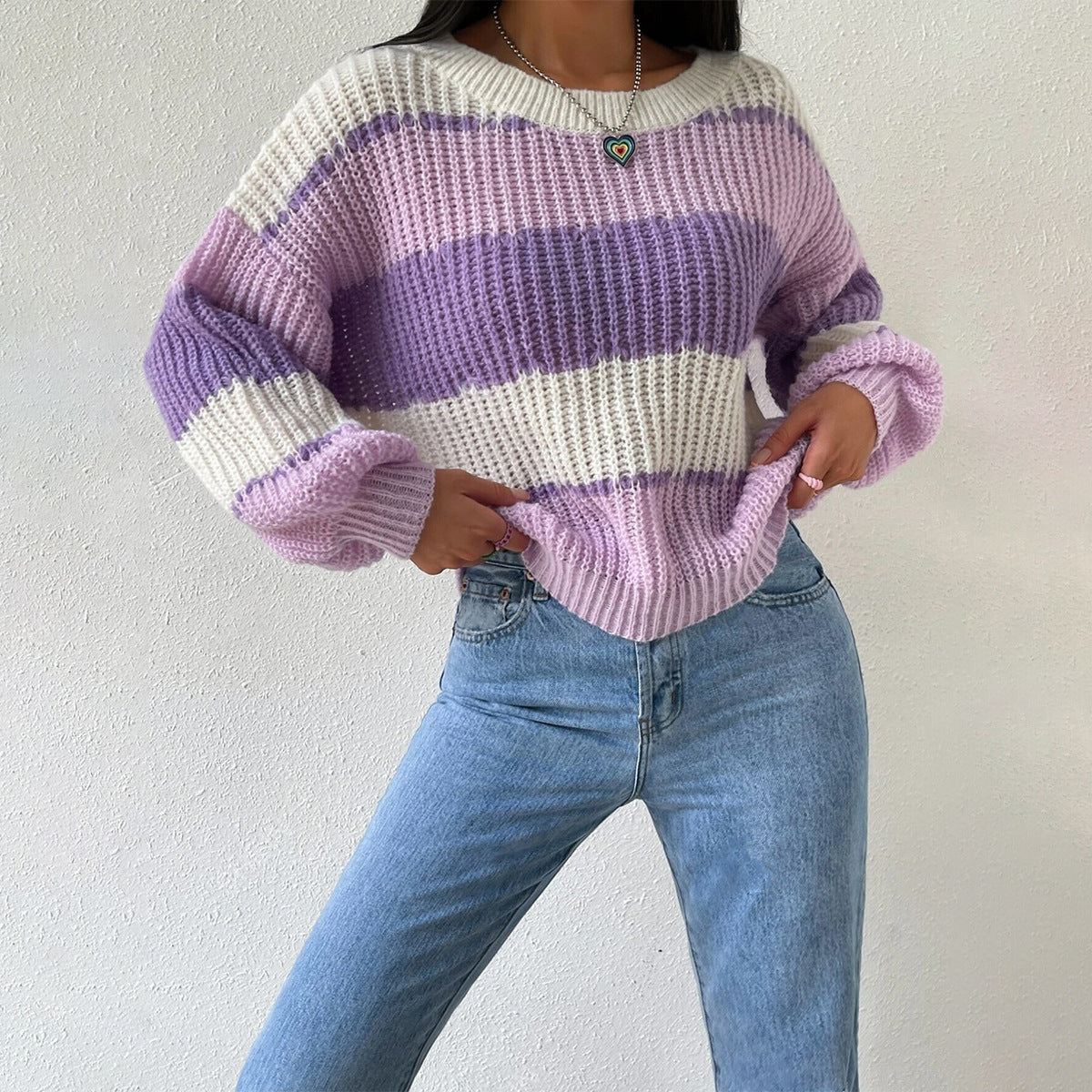 Damen - Langärmeliger Pullover - Gestrickter - Rundhalsausschnitt - Bequemer und stilvoller Look