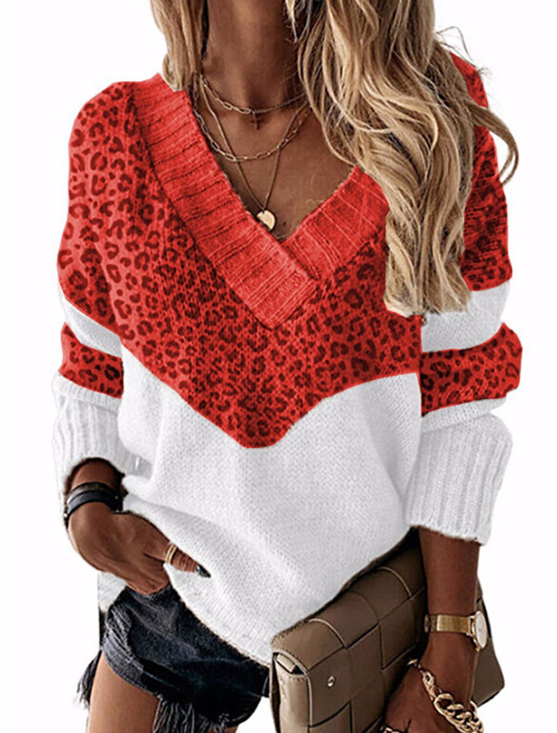 Damen - V-Ausschnitt Pullover - Leopardenmuster - Modischer Strick - Trendiger Animal Print