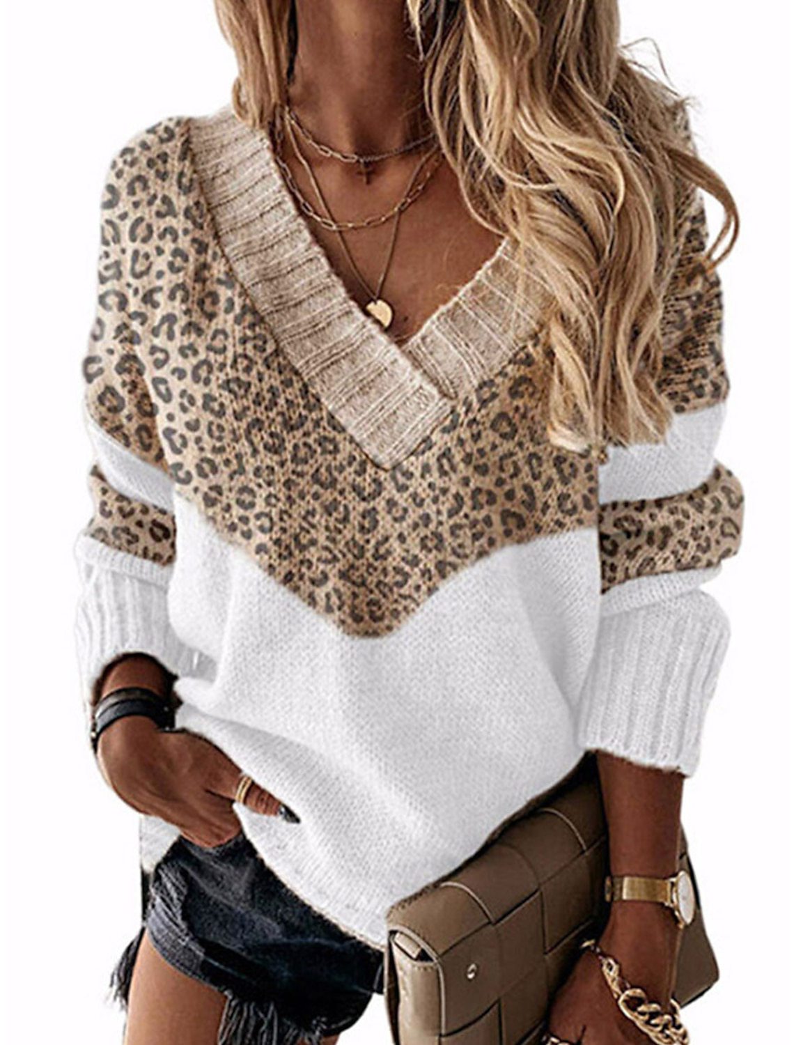 Damen - V-Ausschnitt Pullover - Leopardenmuster - Modischer Strick - Trendiger Animal Print
