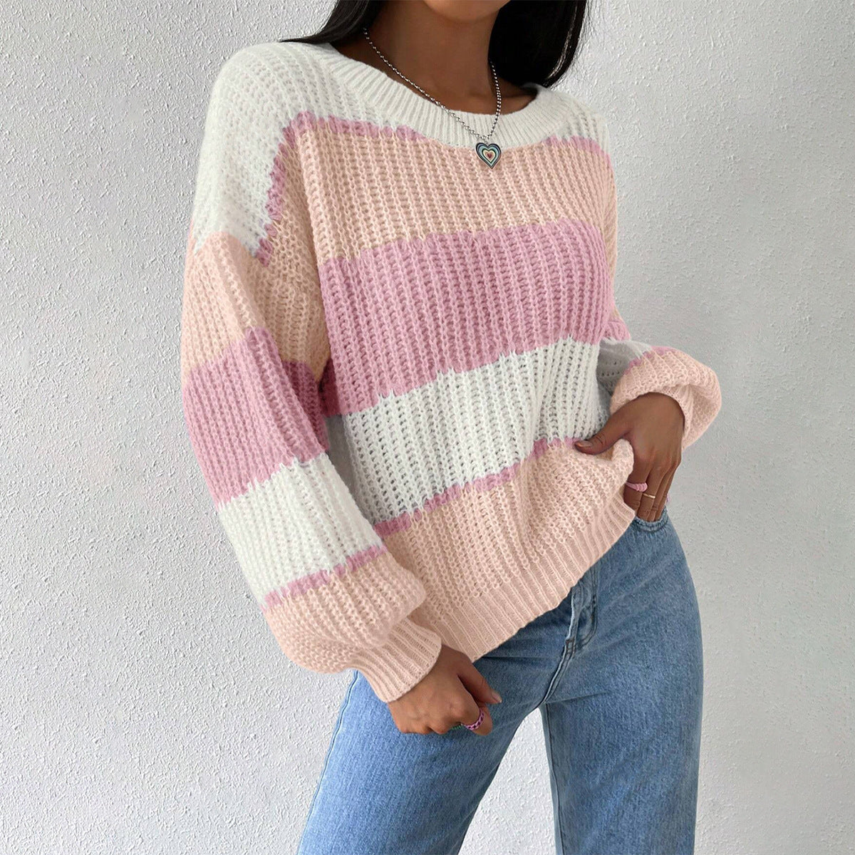 Damen - Langärmeliger Pullover - Gestrickter - Rundhalsausschnitt - Bequemer und stilvoller Look