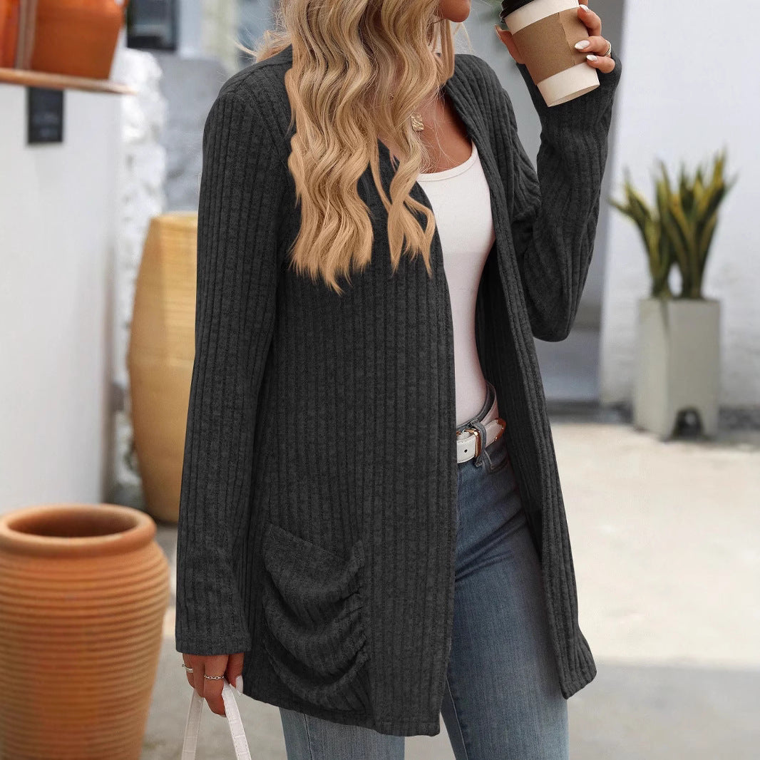 Damen - Elegante Strickjacke - Rippstrick mit praktischen Taschen - Stylische Freizeitmode