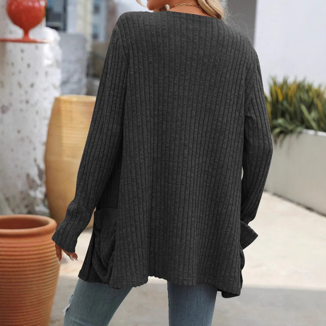 Damen - Elegante Strickjacke - Rippstrick mit praktischen Taschen - Stylische Freizeitmode