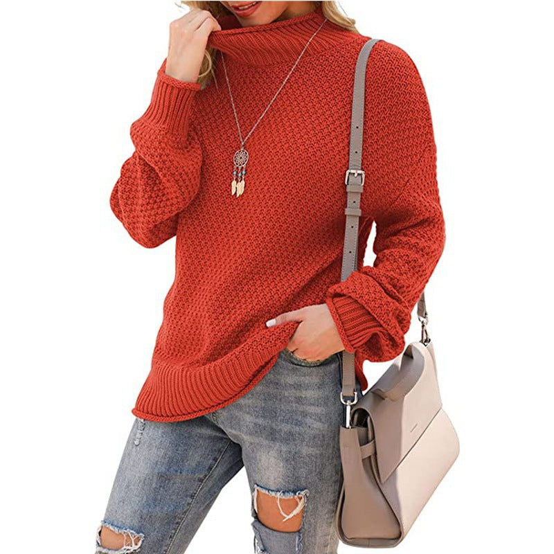 Damen  - Bequemer Grobstrick Pullover - Hoher Kragen - Bequemer Style für jeden Anlass