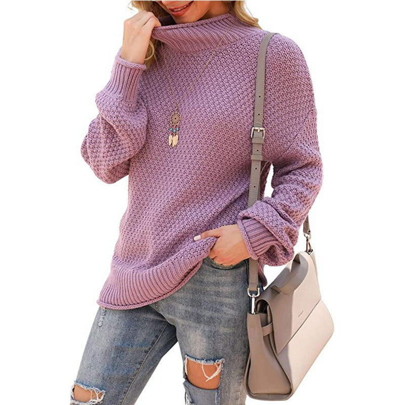 Damen  - Bequemer Grobstrick Pullover - Hoher Kragen - Bequemer Style für jeden Anlass