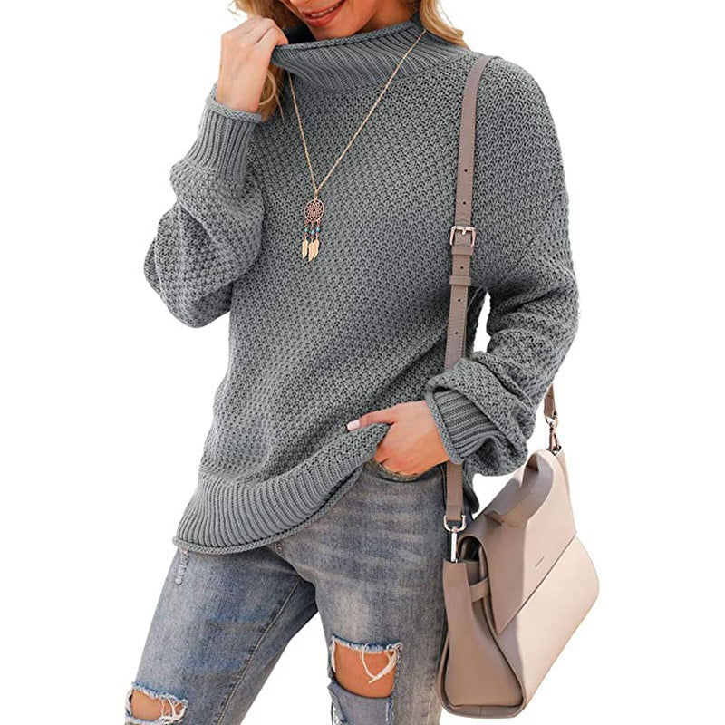 Damen  - Bequemer Grobstrick Pullover - Hoher Kragen - Bequemer Style für jeden Anlass