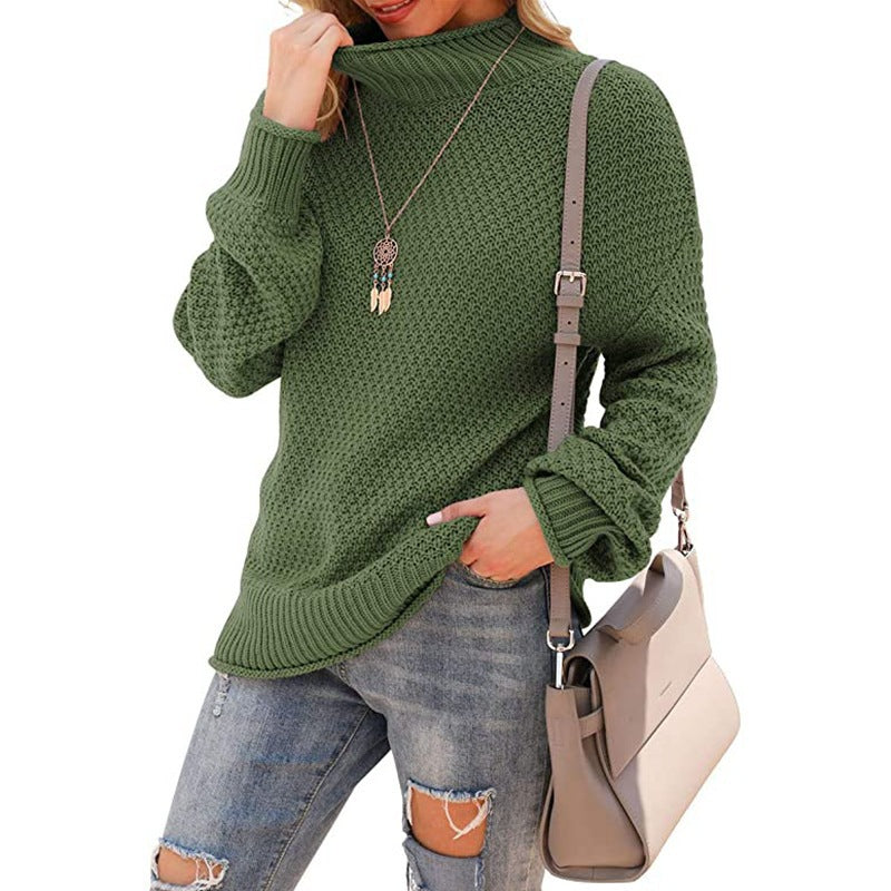 Damen  - Bequemer Grobstrick Pullover - Hoher Kragen - Bequemer Style für jeden Anlass