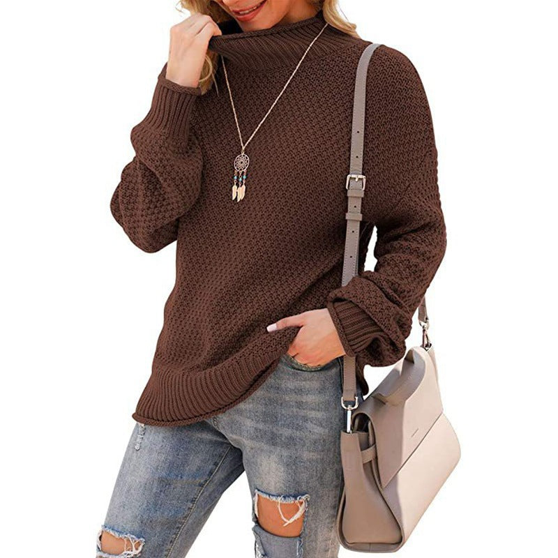 Damen  - Bequemer Grobstrick Pullover - Hoher Kragen - Bequemer Style für jeden Anlass