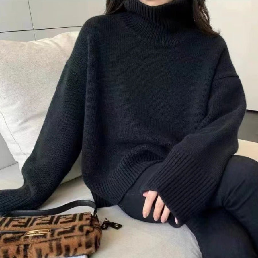 Damen - Gestrickter Pullover - Hohem Kragen - Lockerer Stil - Perfekt für kalte Tage