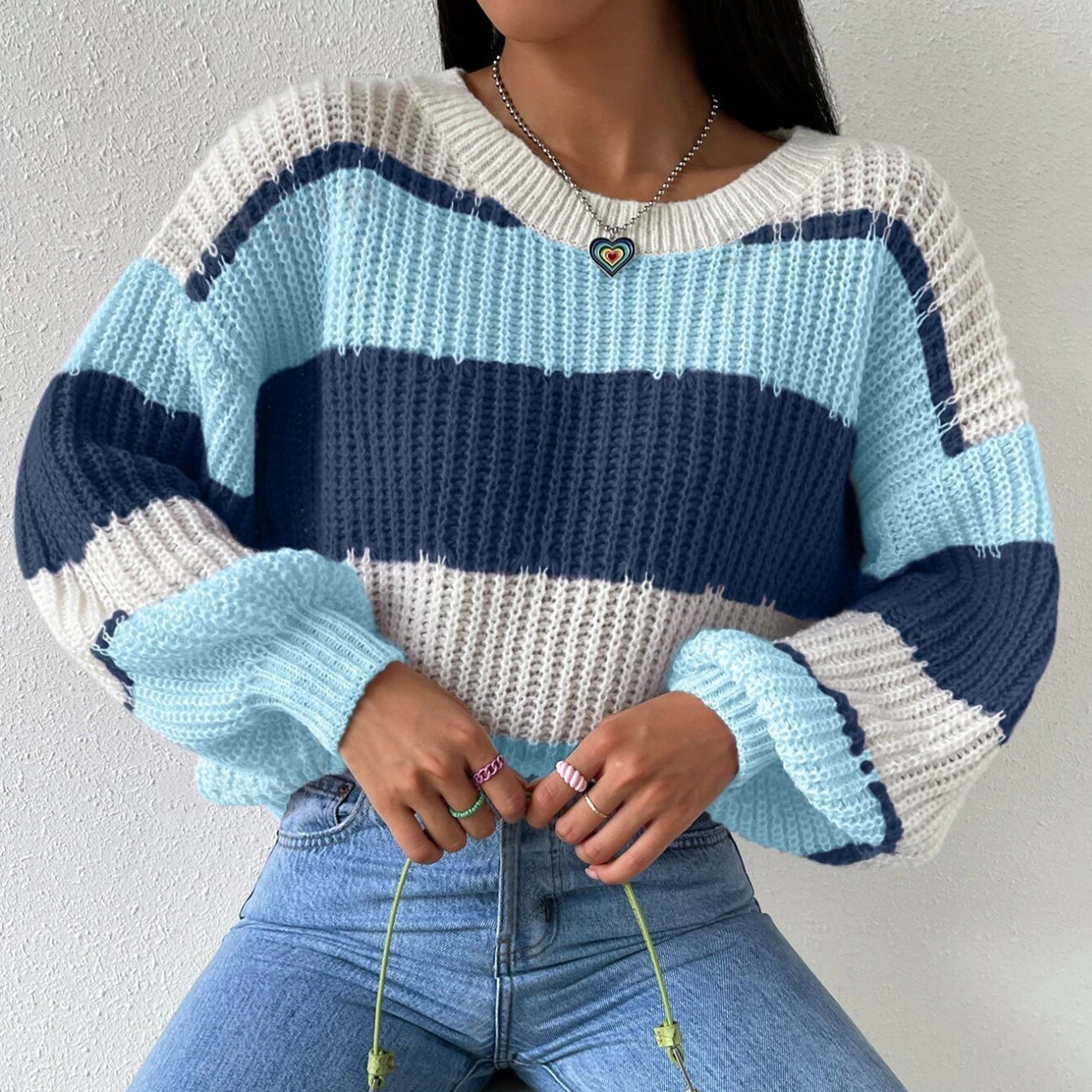 Damen - Langärmeliger Pullover - Gestrickter - Rundhalsausschnitt - Bequemer und stilvoller Look