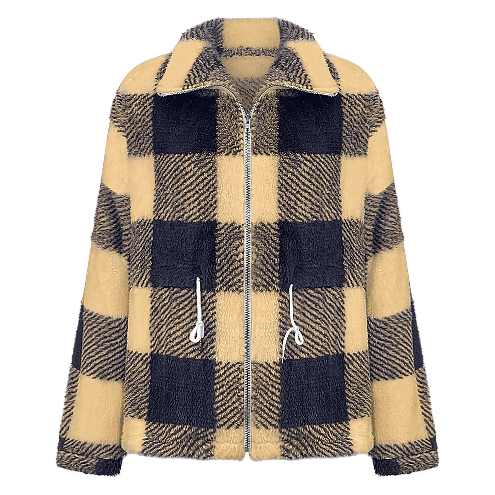 Damen - Karierte Plüschjacke mit Reißverschluss - Weich und Warm - Perfekt für den Alltag