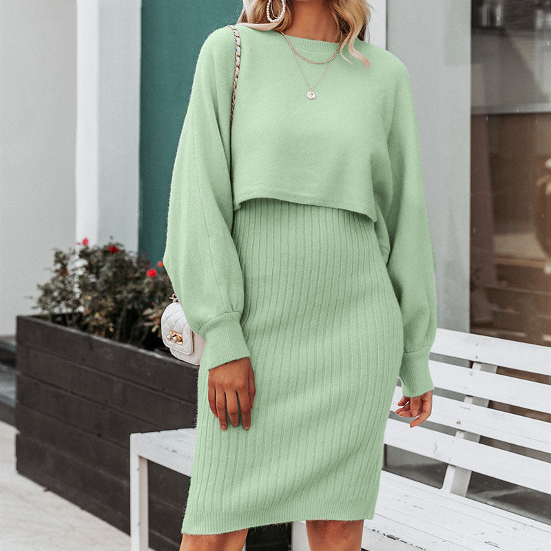 Damen - Kleid und Pullover Set - Midikleid mit Cropped Pullover - Stilvolles Strickset für jeden Anlass