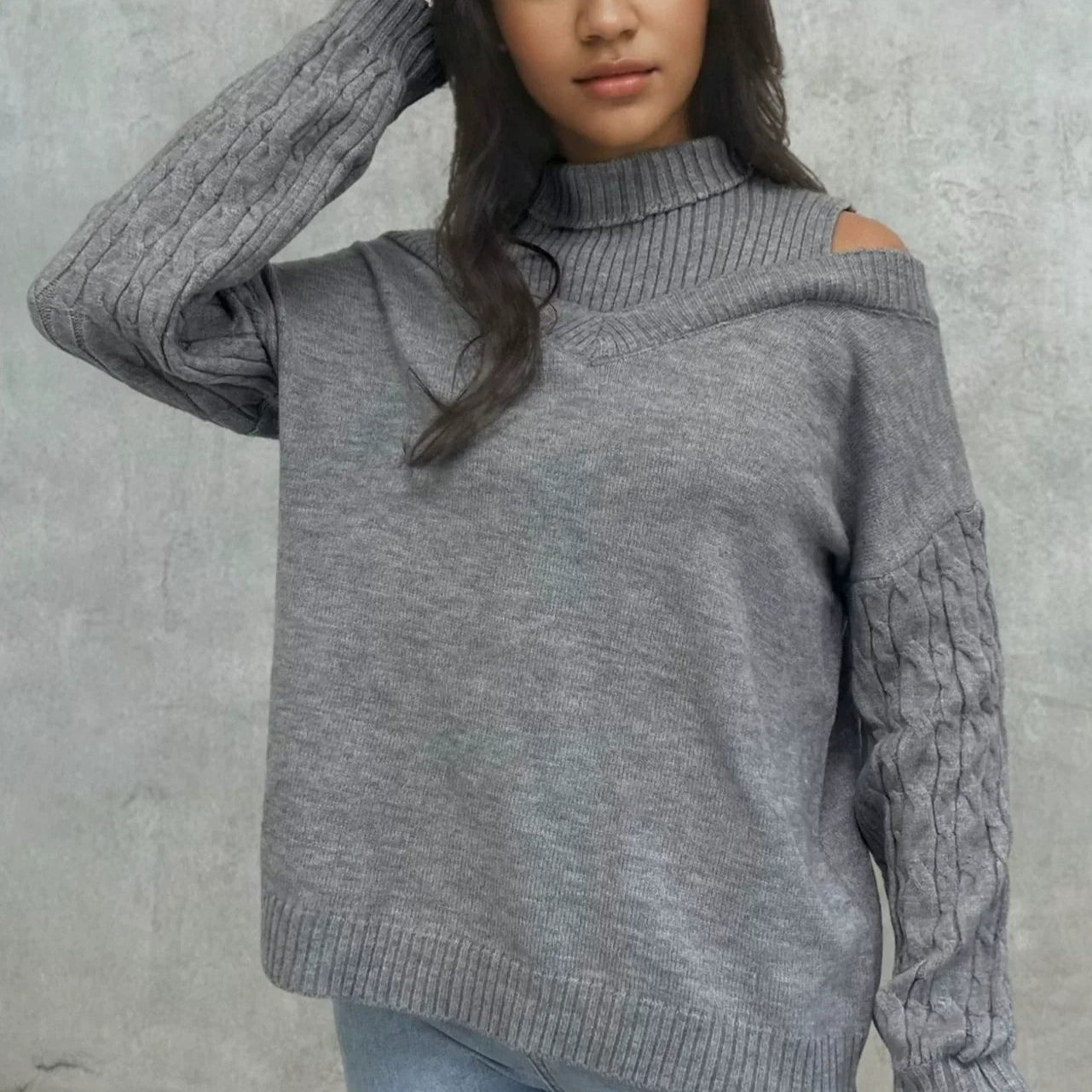 Damen - Schulterfreier Zopfmuster Pullover - Entspannter Schnitt - Gemütlicher Strickpullover für jede Gelegenheit