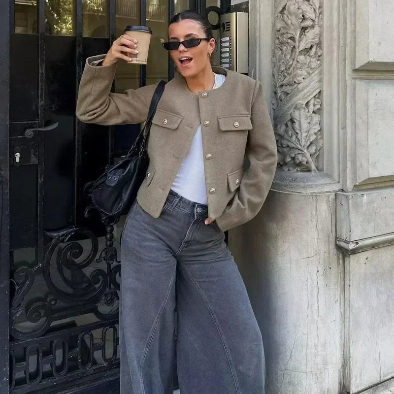 Damen - Gekürzte Bomberjacke - Rundhalsausschnitt - Modischer Stil für jeden Anlass