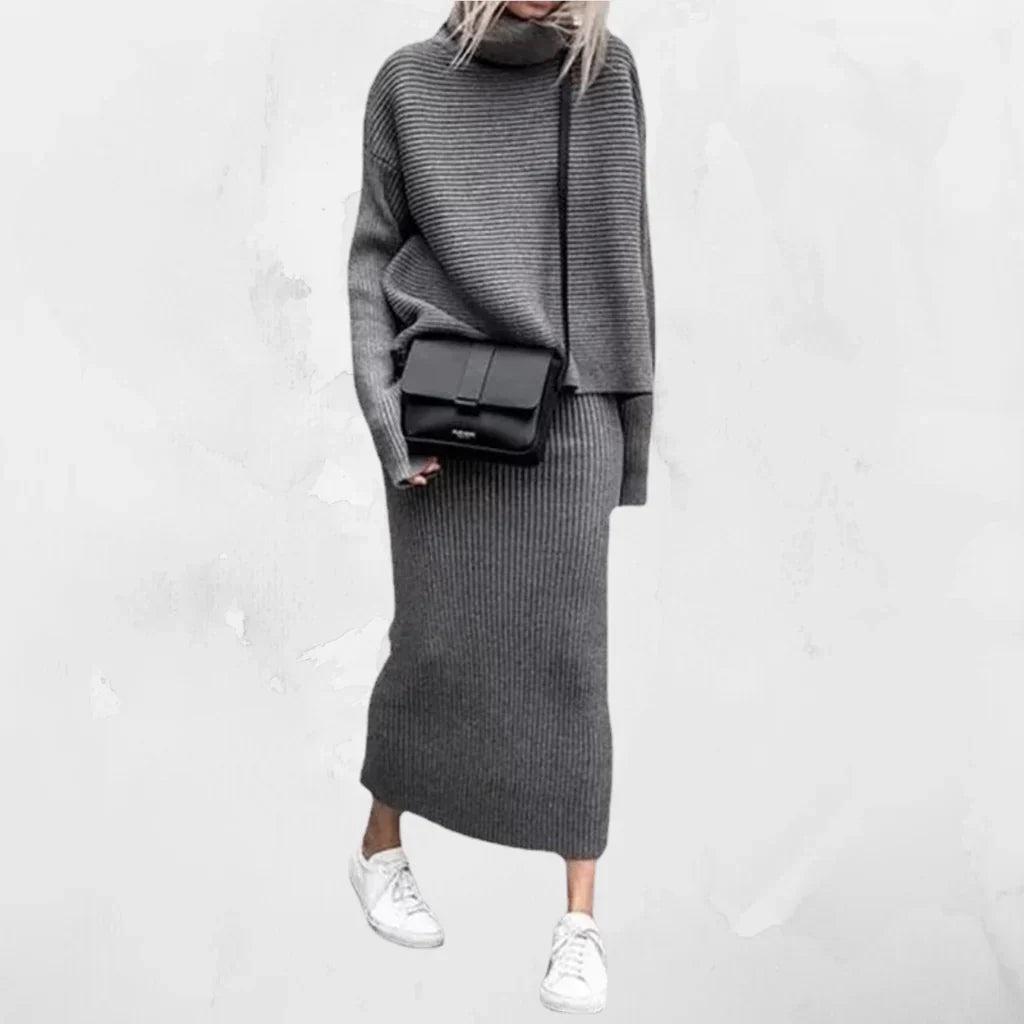 Damen - Rollkragen Strick Kombi Set - Geripptes Design - Modische Strickmode für jeden Anlass