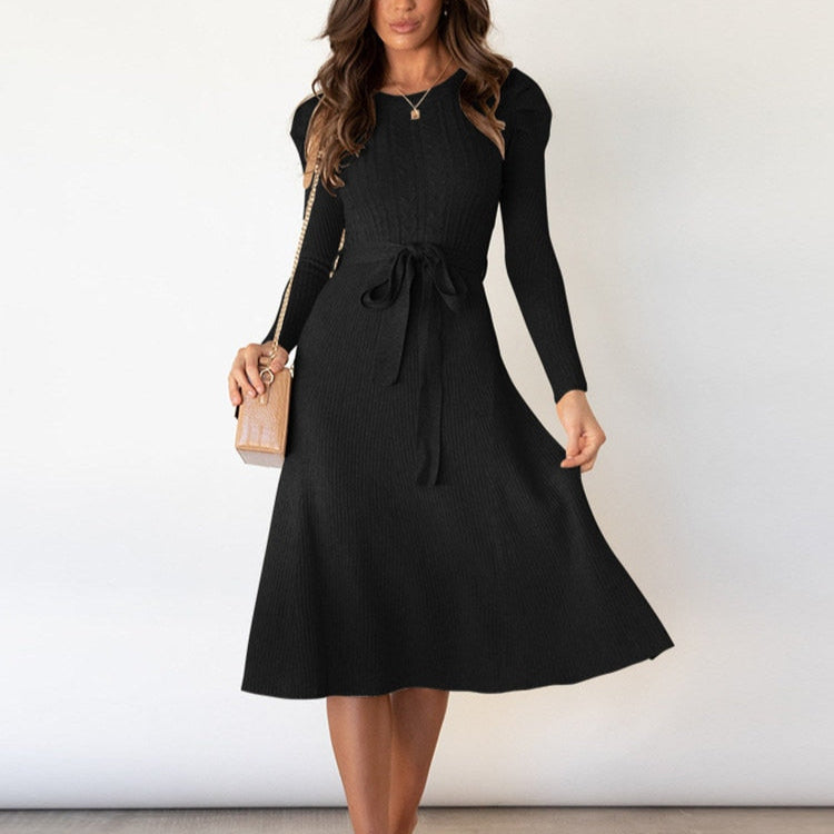 Damen - Strickpullover Kleid - Puffärmel - Modischer Strickstil - Bequem und Elegant
