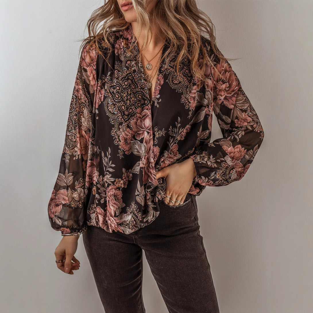 Damen - Bluse mit V-Ausschnitt und langen Ärmeln - Polyester-Chiffon - Blümchenmuster - Ideal für frühlingshafte Outfits