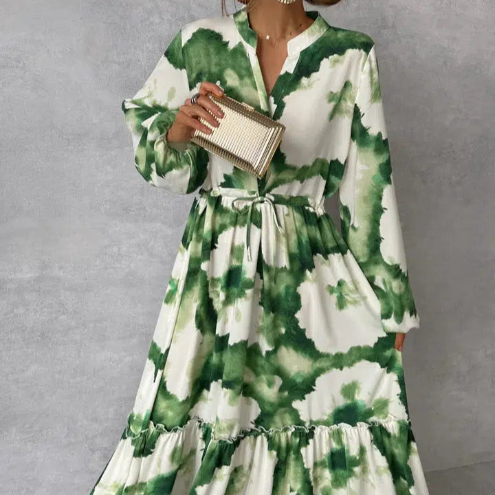 Damen - Maxikleid mit langen Ärmeln - Weicher Stoff - V-Ausschnitt - Eleganter, fließender Stil für jeden Anlass