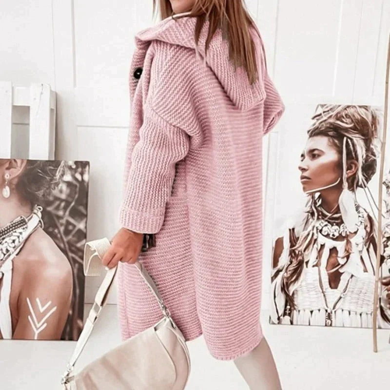 Damen - Lange Strickjacke mit Kapuze - Warmer - Bequemer Cardigan mit Knopfleiste - Ideal für den Alltag