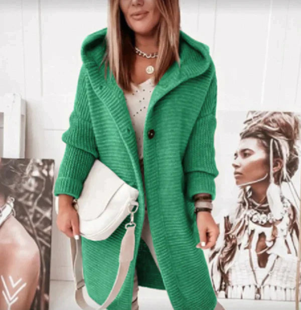 Damen - Lange Strickjacke mit Kapuze - Warmer - Bequemer Cardigan mit Knopfleiste - Ideal für den Alltag