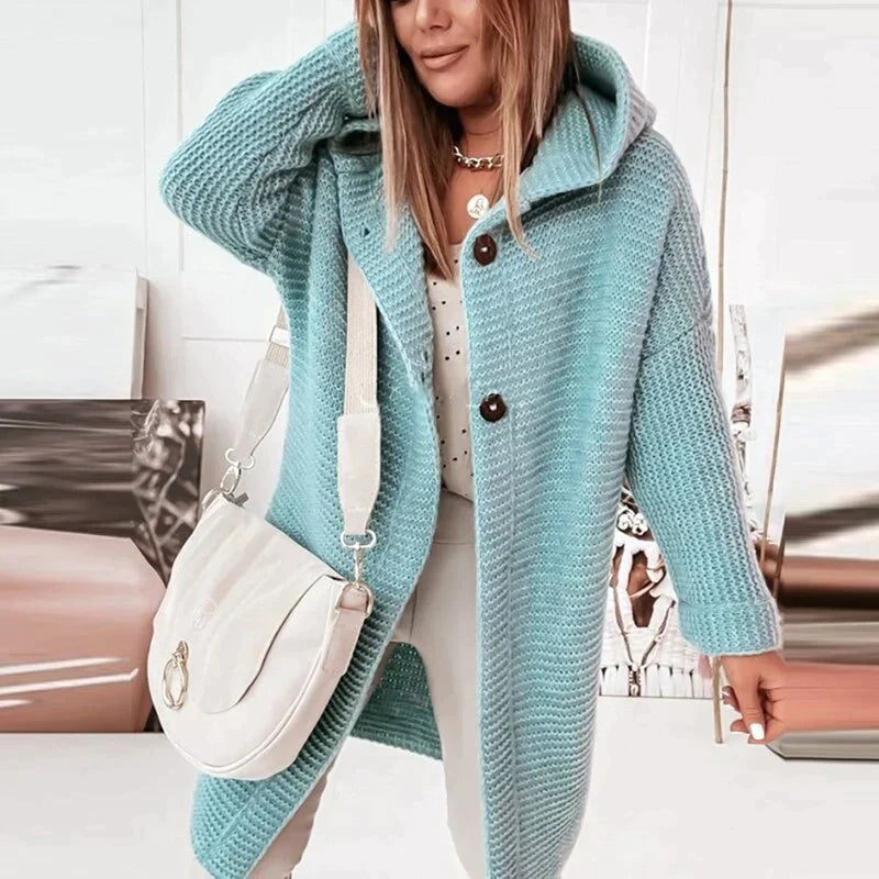 Damen - Lange Strickjacke mit Kapuze - Warmer - Bequemer Cardigan mit Knopfleiste - Ideal für den Alltag