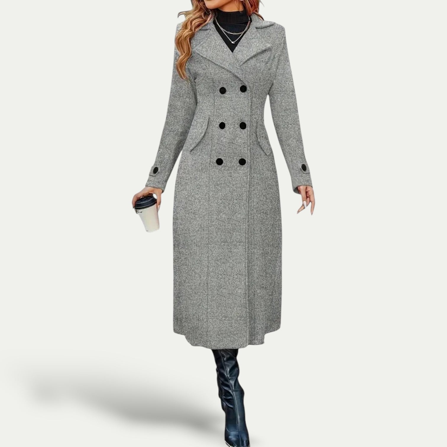 Damen - Langer Wintermantel - Zweireiher - Warmer, Stilvoller Mantel für kalte Tage