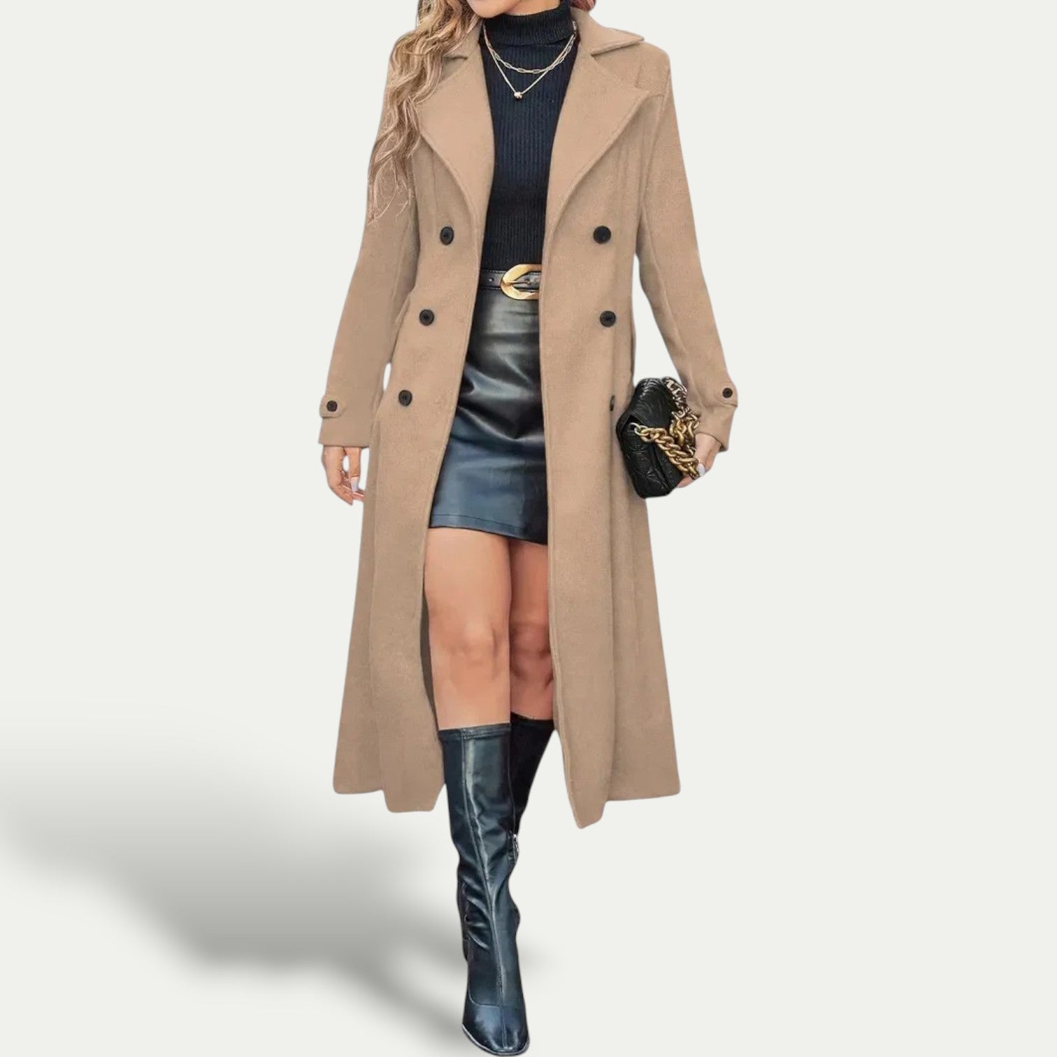Damen - Langer Wintermantel - Zweireiher - Warmer, Stilvoller Mantel für kalte Tage